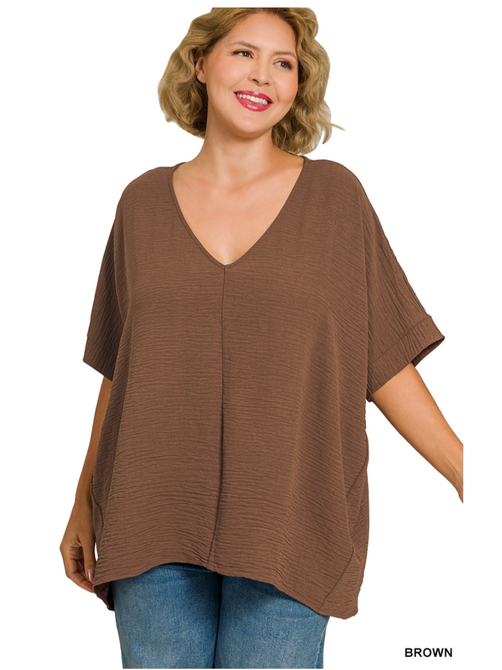Zenana Brown Woven Air flow V Neck Dolman Short Sleeve Top